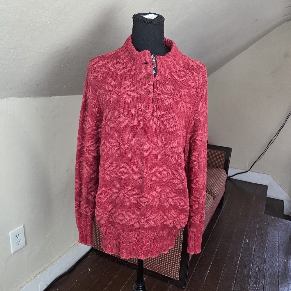 Woolrich Womens Sweater XL Ruby Red Textured Knit Henley Floral Trim